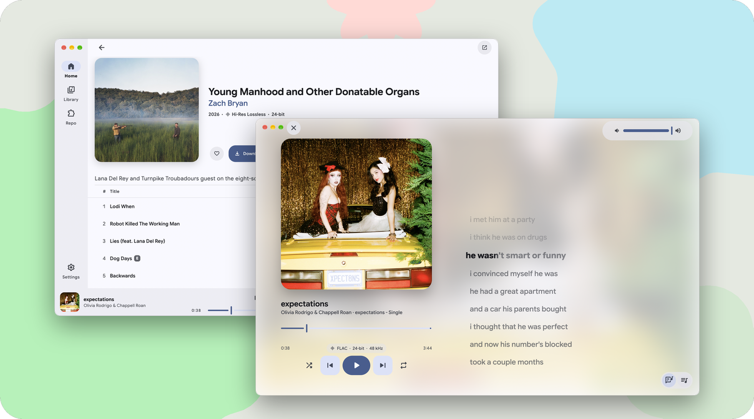 Mornye on the desktop: an album page and Now Playing with synced lyrics